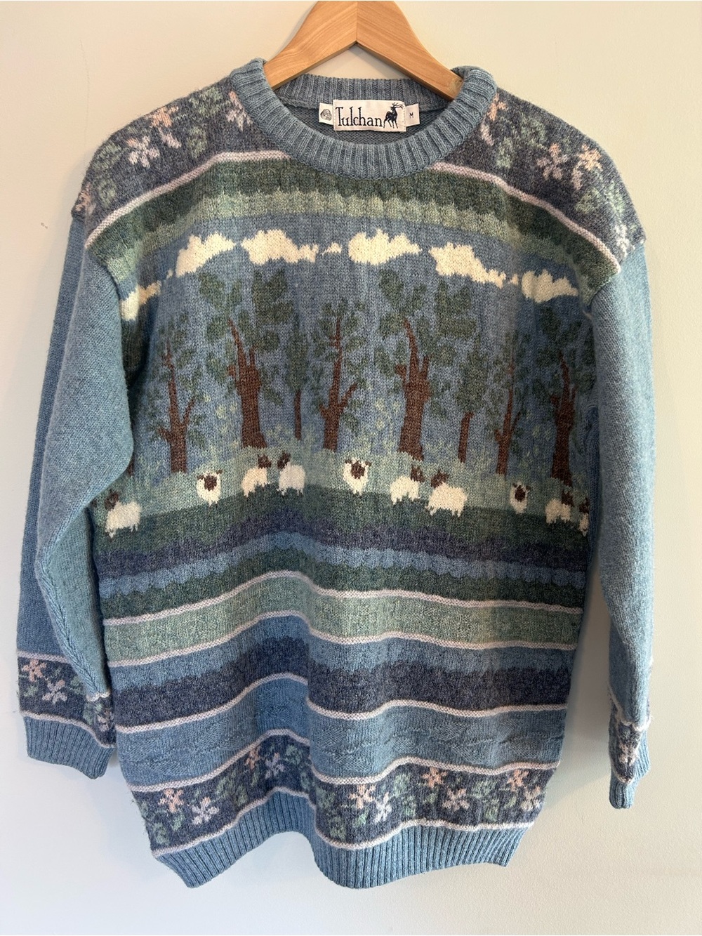 Vintage 90s Wool Blue Scenic Sheep Crewneck Sweater Cottagecore Tulchan M-L